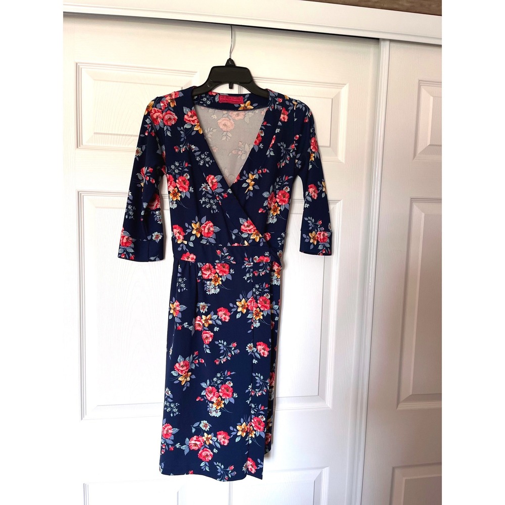 Melissa Masse Navy Blue Floral Faux Wrap Dress Short Sleeve Small Made in USA